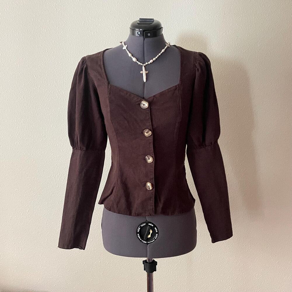 Linen blend brown puff sleeve top romantic renaissance romance cottage victorian